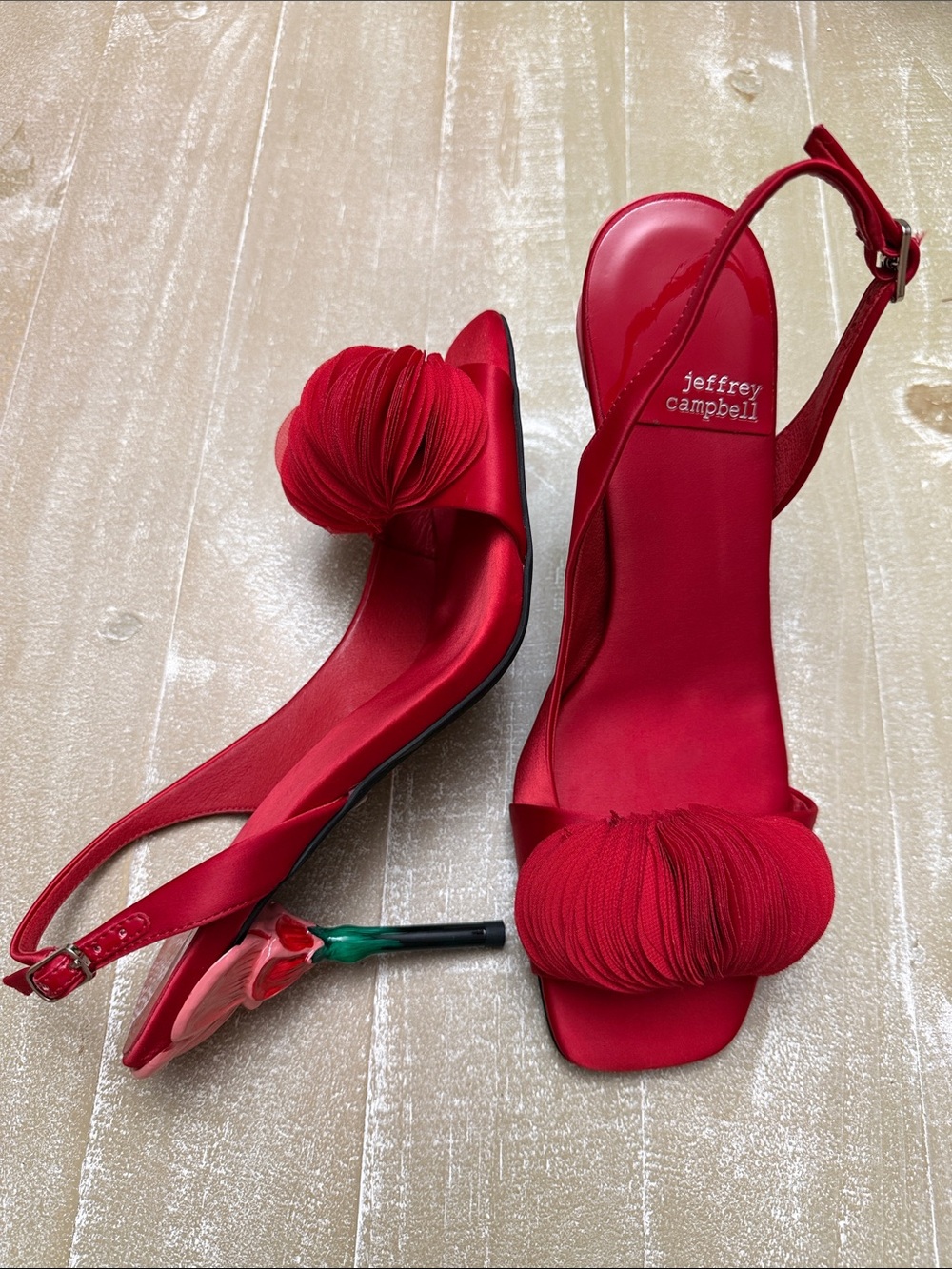 Jeffrey Campbell Slingback Heels Size 8.5 Red Satin Floral-Accent